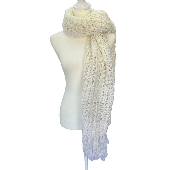 Accessories - Crocheted White Shawl/Scarf Fall Boho Hippy Granny Retro‎ Cottage Core Ethereal